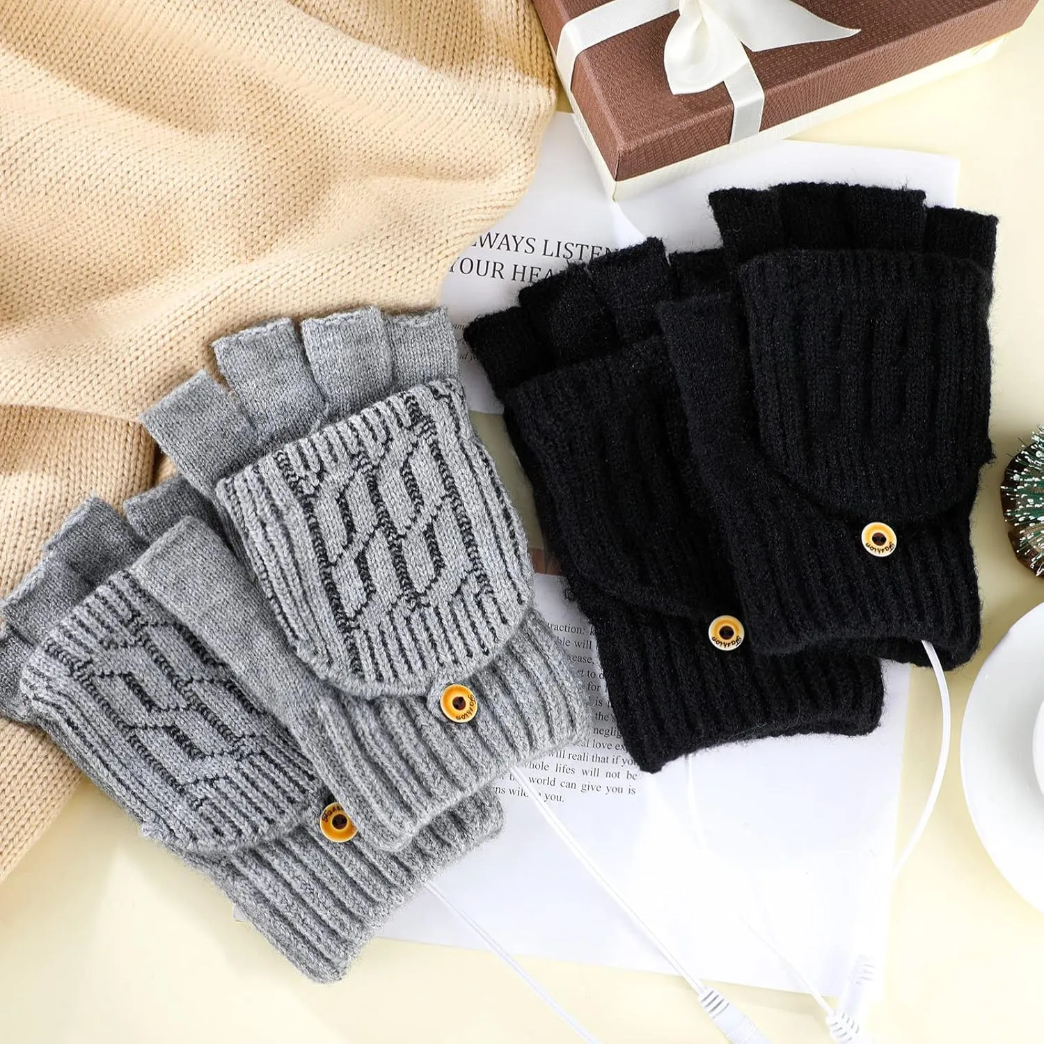 2 Pairs Winter USB Heated Gloves Fingerless USB Hand Warmer Electric Hand Warming Gloves with Button Heated Mittens