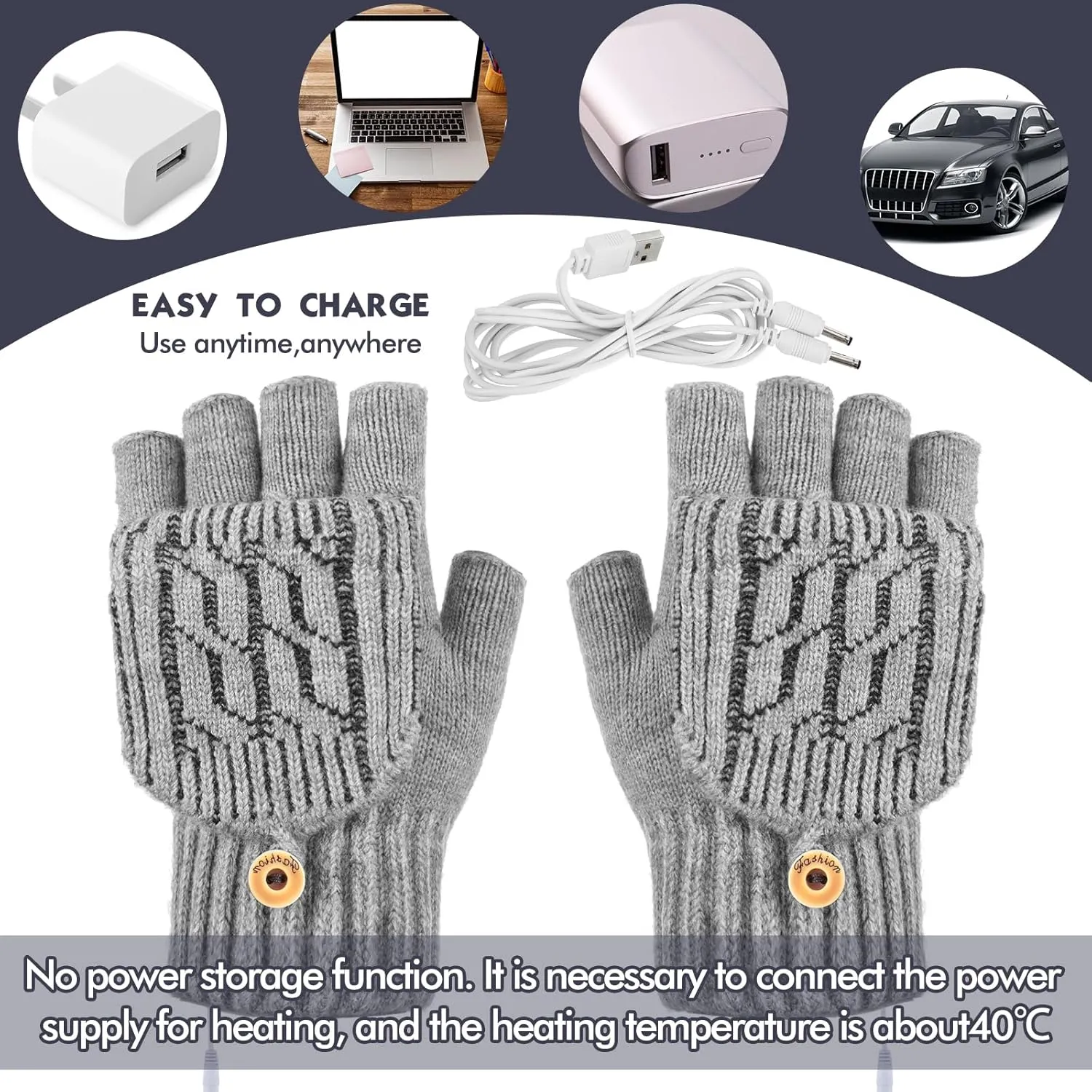 2 Pairs Winter USB Heated Gloves Fingerless USB Hand Warmer Electric Hand Warming Gloves with Button Heated Mittens