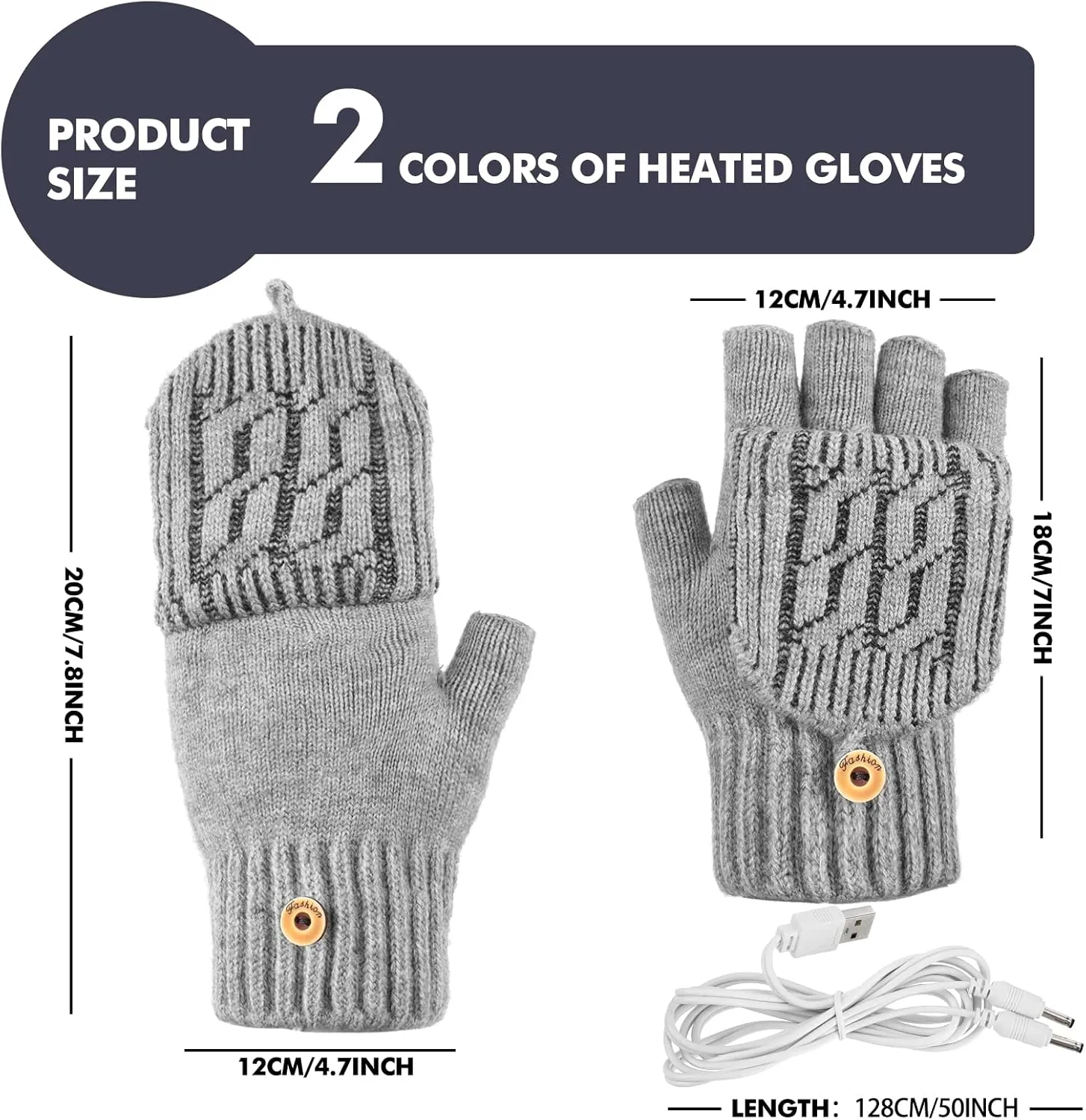 2 Pairs Winter USB Heated Gloves Fingerless USB Hand Warmer Electric Hand Warming Gloves with Button Heated Mittens