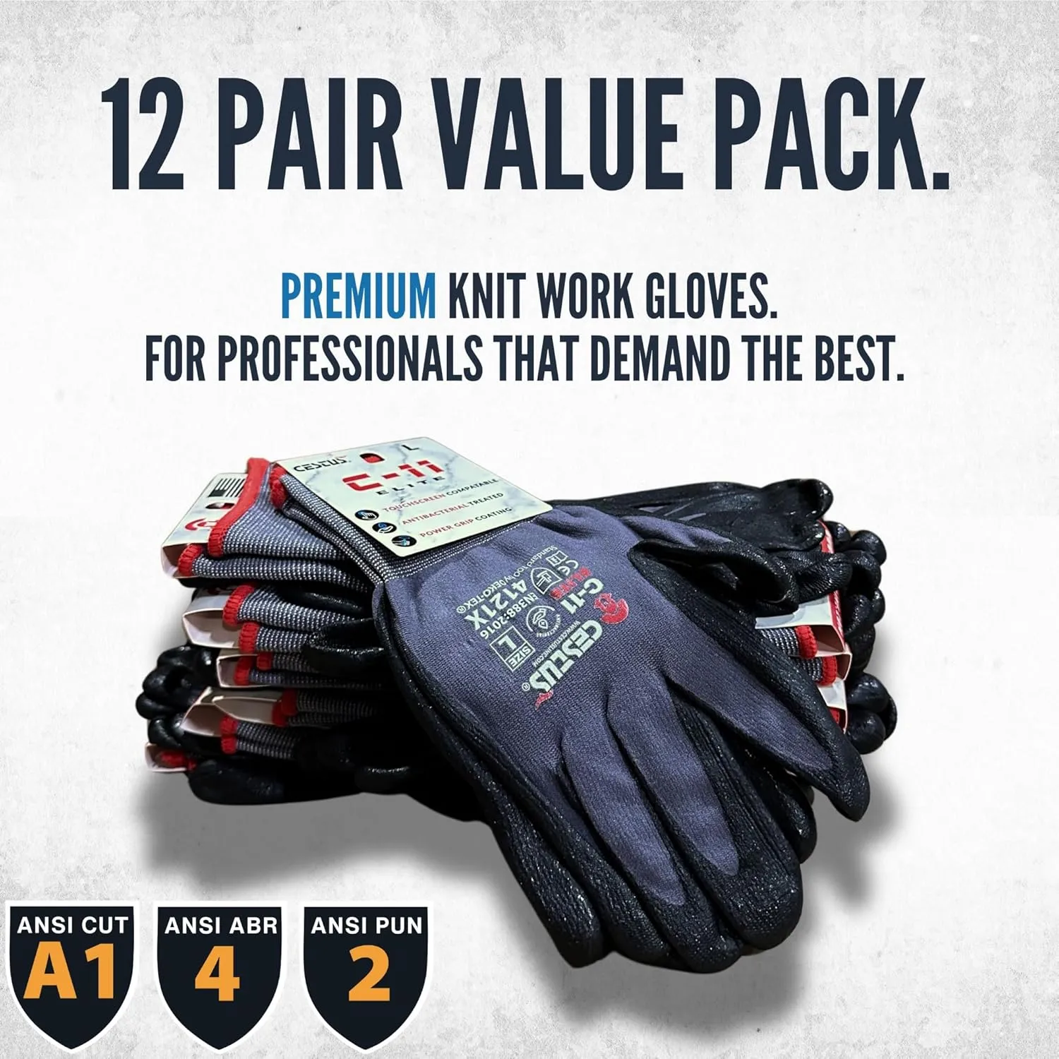 Cestus C-11 Elite, Textured Nitrile Coated Work Gloves with Grip, ANSI A1 Cut Resistant Work Gloves, Construction Warehouse