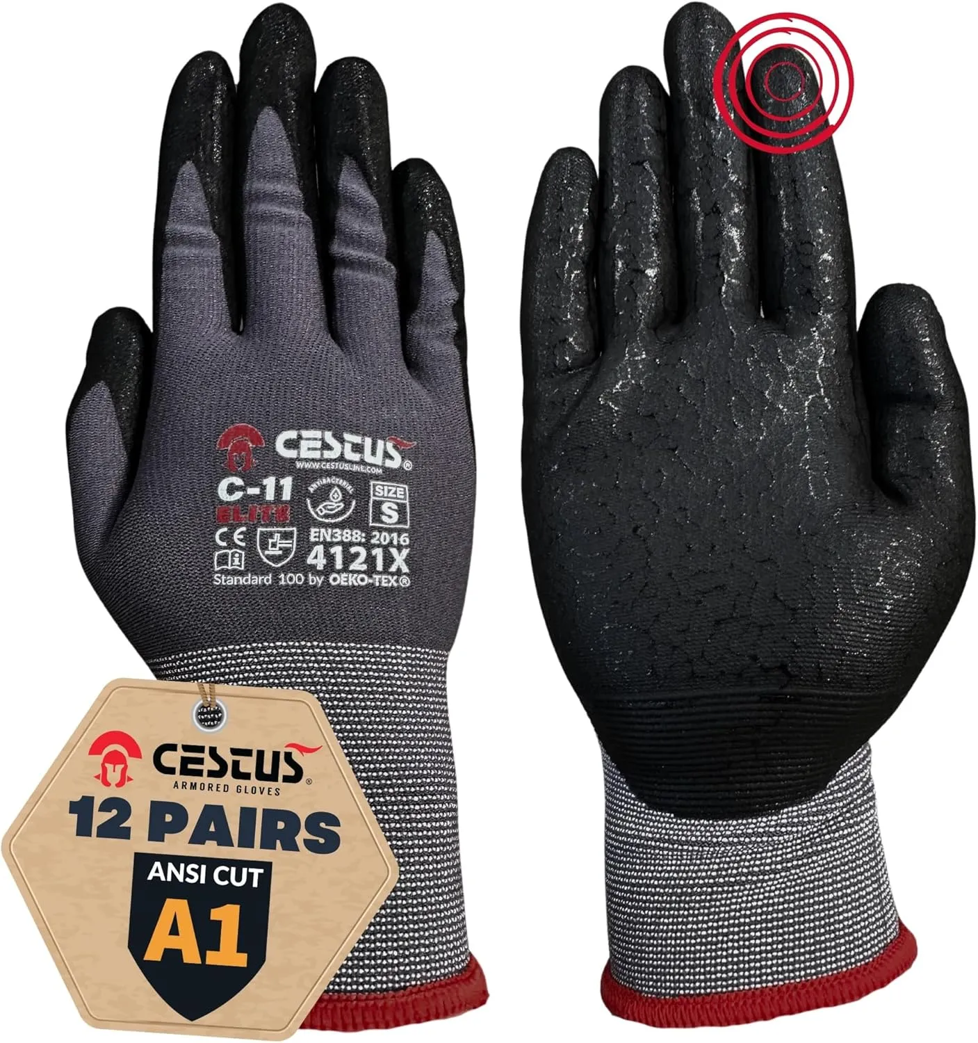 Cestus C-11 Elite, Textured Nitrile Coated Work Gloves with Grip, ANSI A1 Cut Resistant Work Gloves, Construction Warehouse