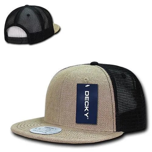 Decky 1138 - Jute Trucker Snapback Hat, 6 Panel Flat Bill Cap - CASE Pricing