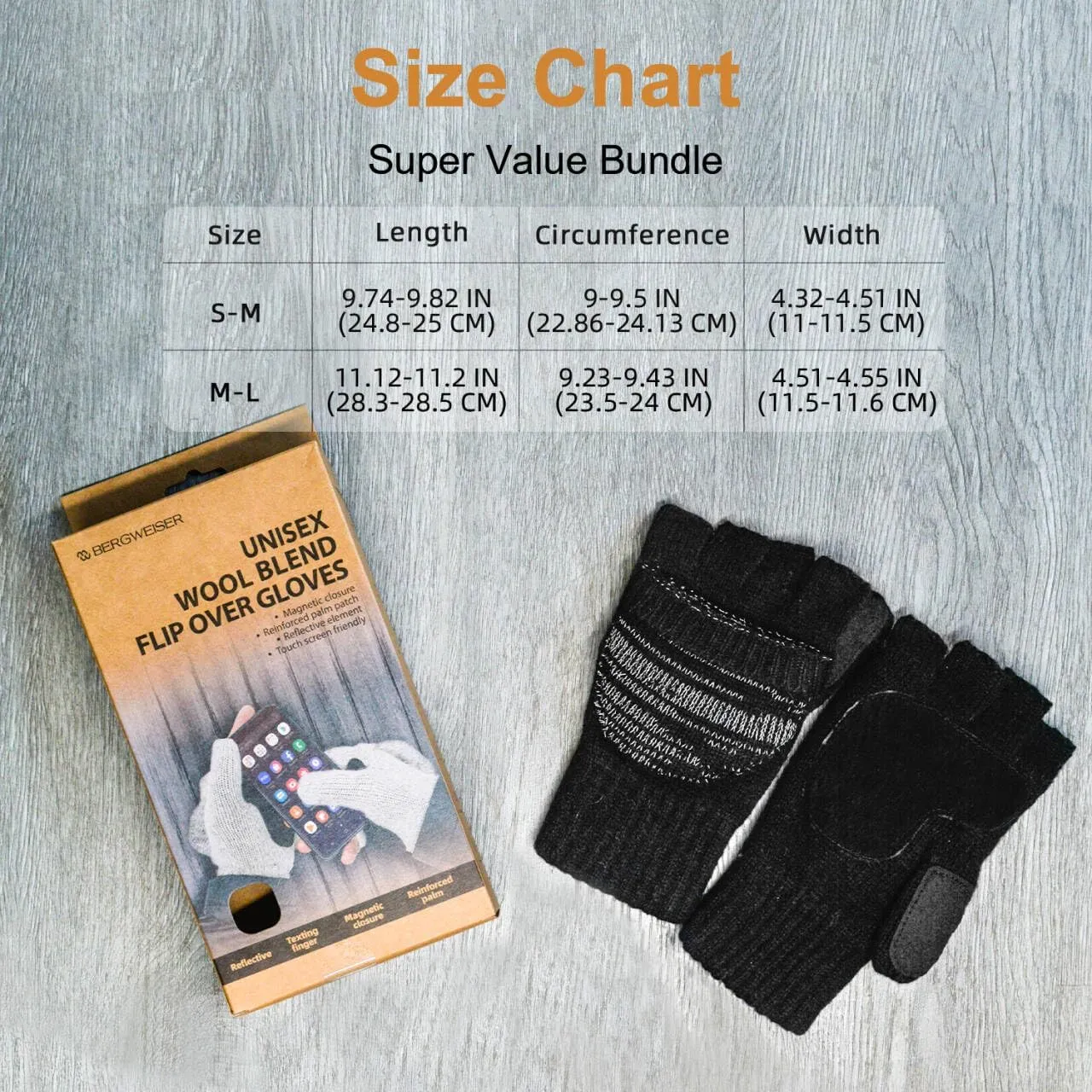 Flip Winter Gloves, Wool Fingerless Gloves for Women Men Cold Weather, Mittens with Reflective & Warmers Gift