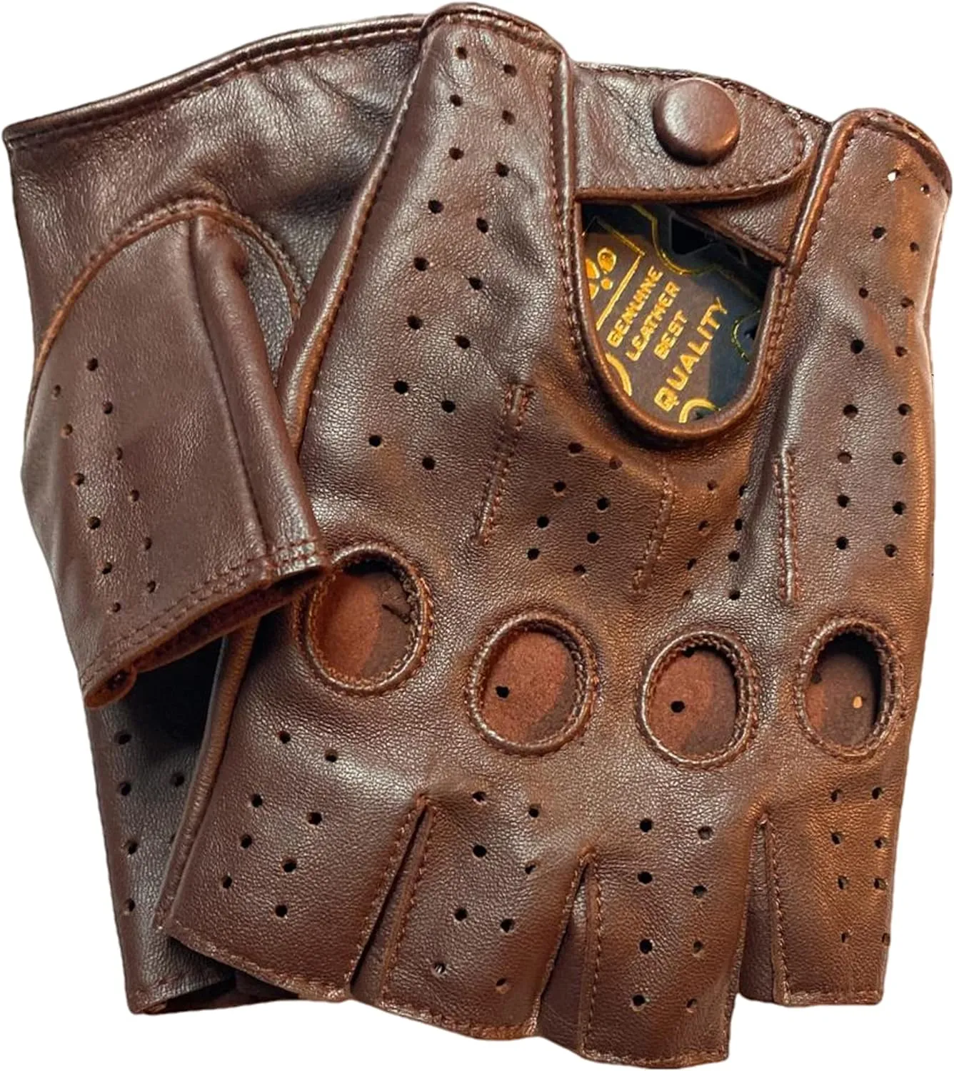 GeRRiT Men's Genuine Sheep Leather Half Finger Driving Cycling Motorbike Exercise and Fitness Fingerless Unlined Gloves, Medium, Regular Brown