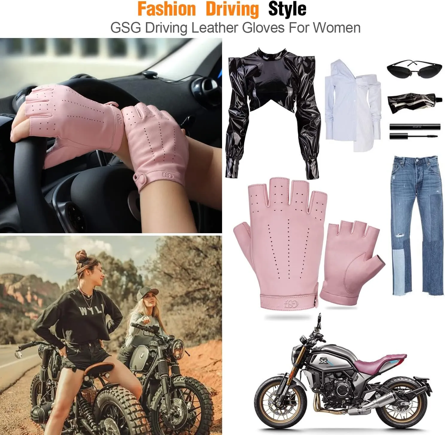 GSG Women Fingerless Leather Gloves - Driving Motorcycle Biker Gloves - Unlined Half Finger