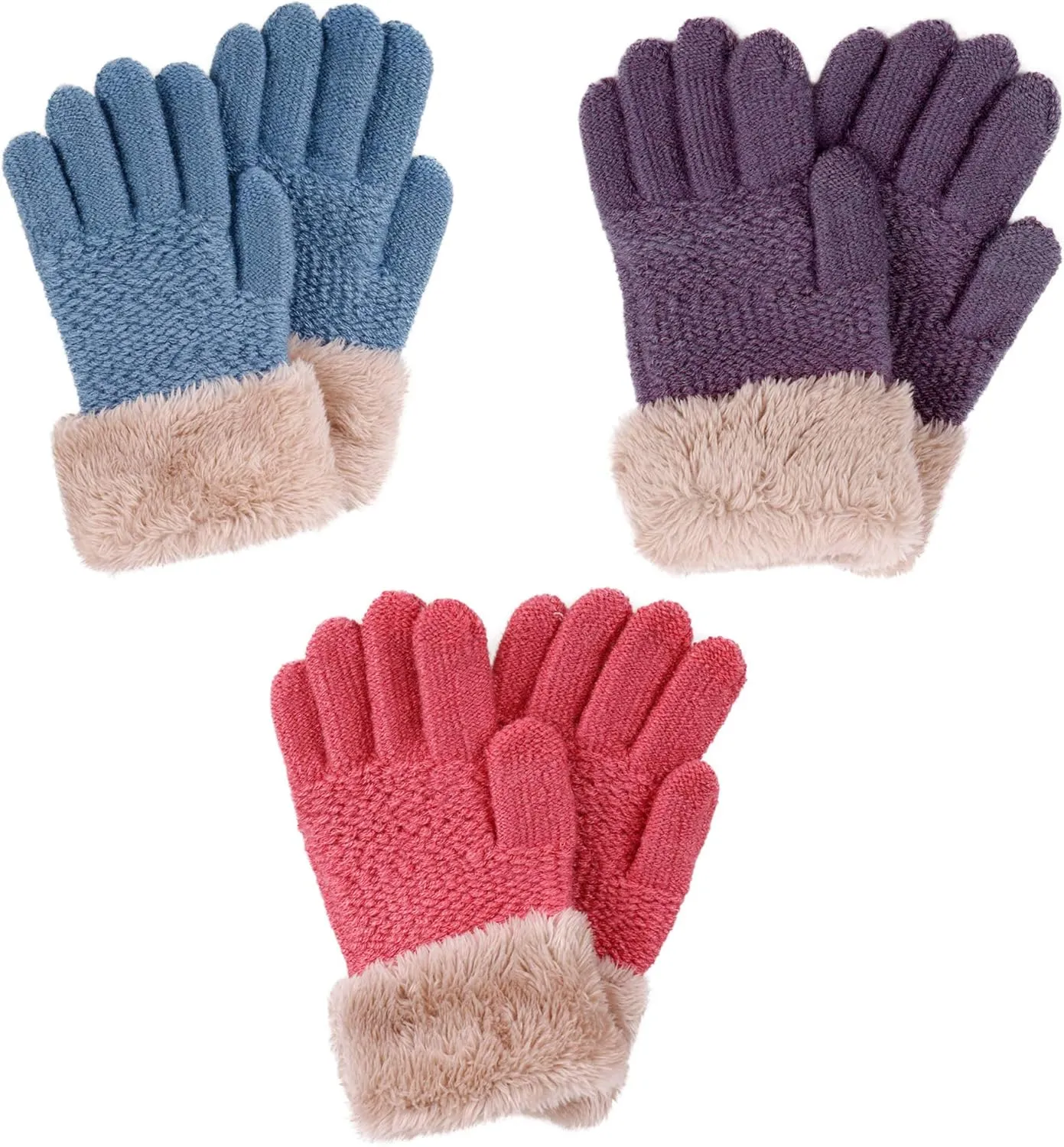 Halconia 2/3 Pack Kids Touchscreen Winter Knit Gloves w/Faux Fur Cuff