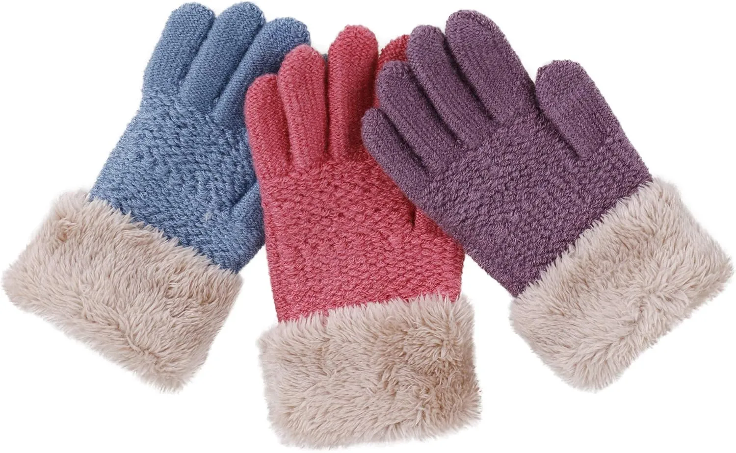 Halconia 2/3 Pack Kids Touchscreen Winter Knit Gloves w/Faux Fur Cuff