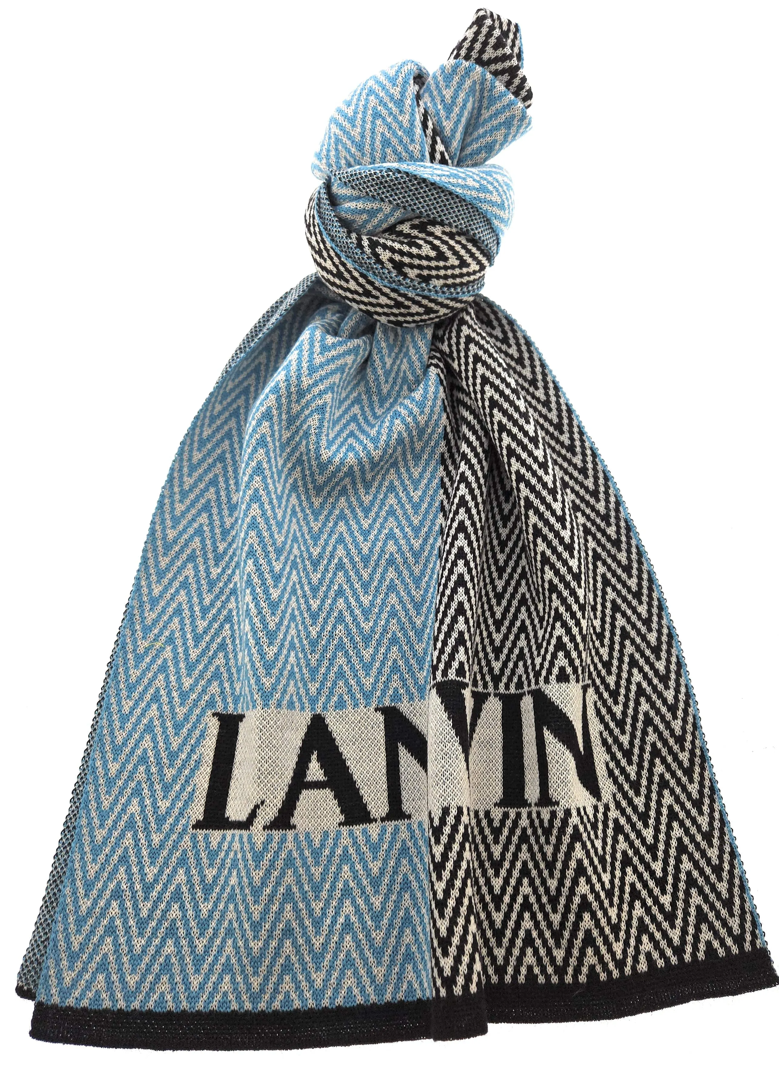 Lanvin Pure Wool Scarf – Chevron Pattern in Blue and Black, Bold Logo Design