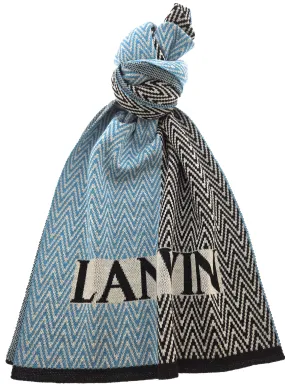 Lanvin Pure Wool Scarf – Chevron Pattern in Blue and Black, Bold Logo Design