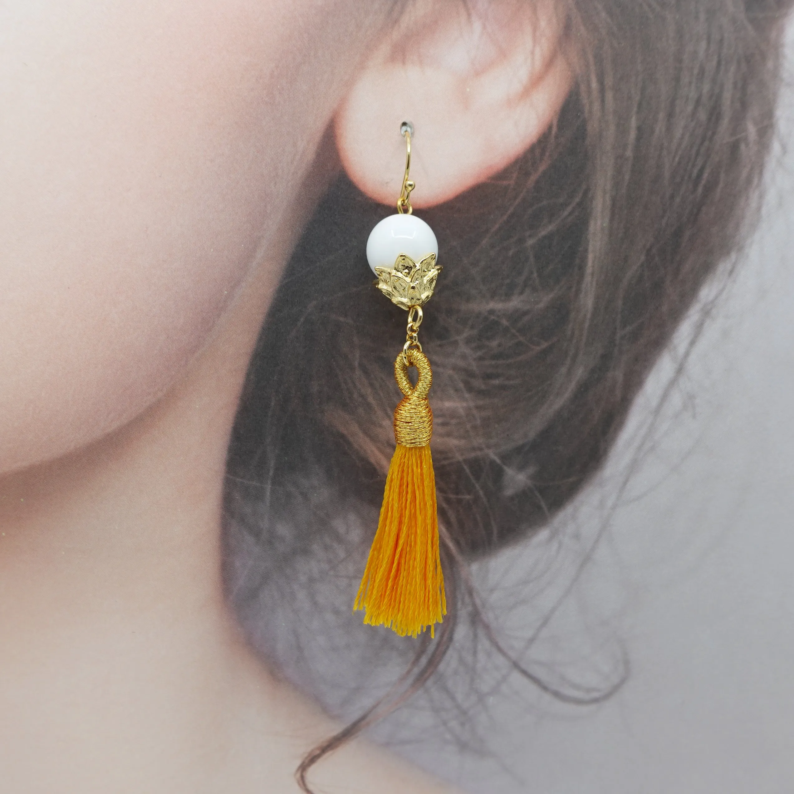 Little Lotus Silk Tassel Earrings - Yellow