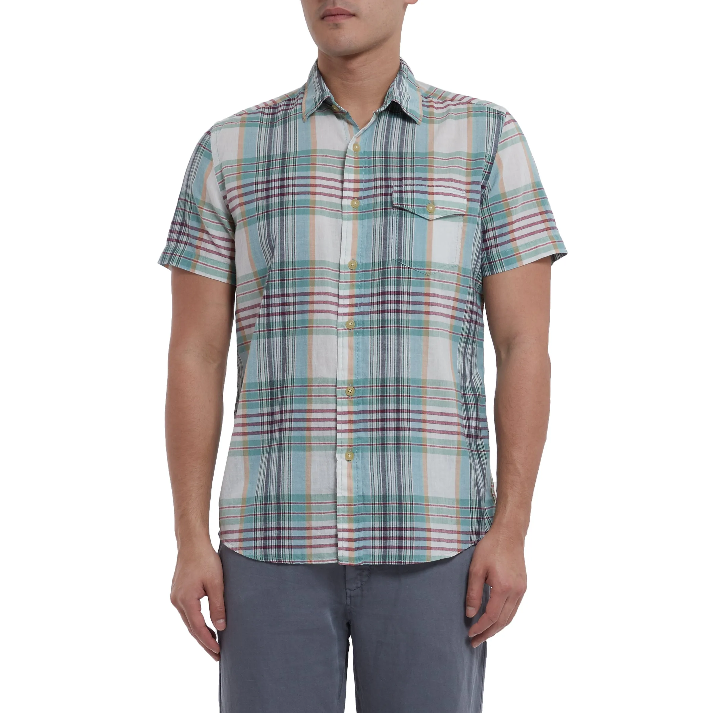 Livingstone's Classic Madras Plaid Short Sleeve Shirt - Lunar Rock Blue Tan