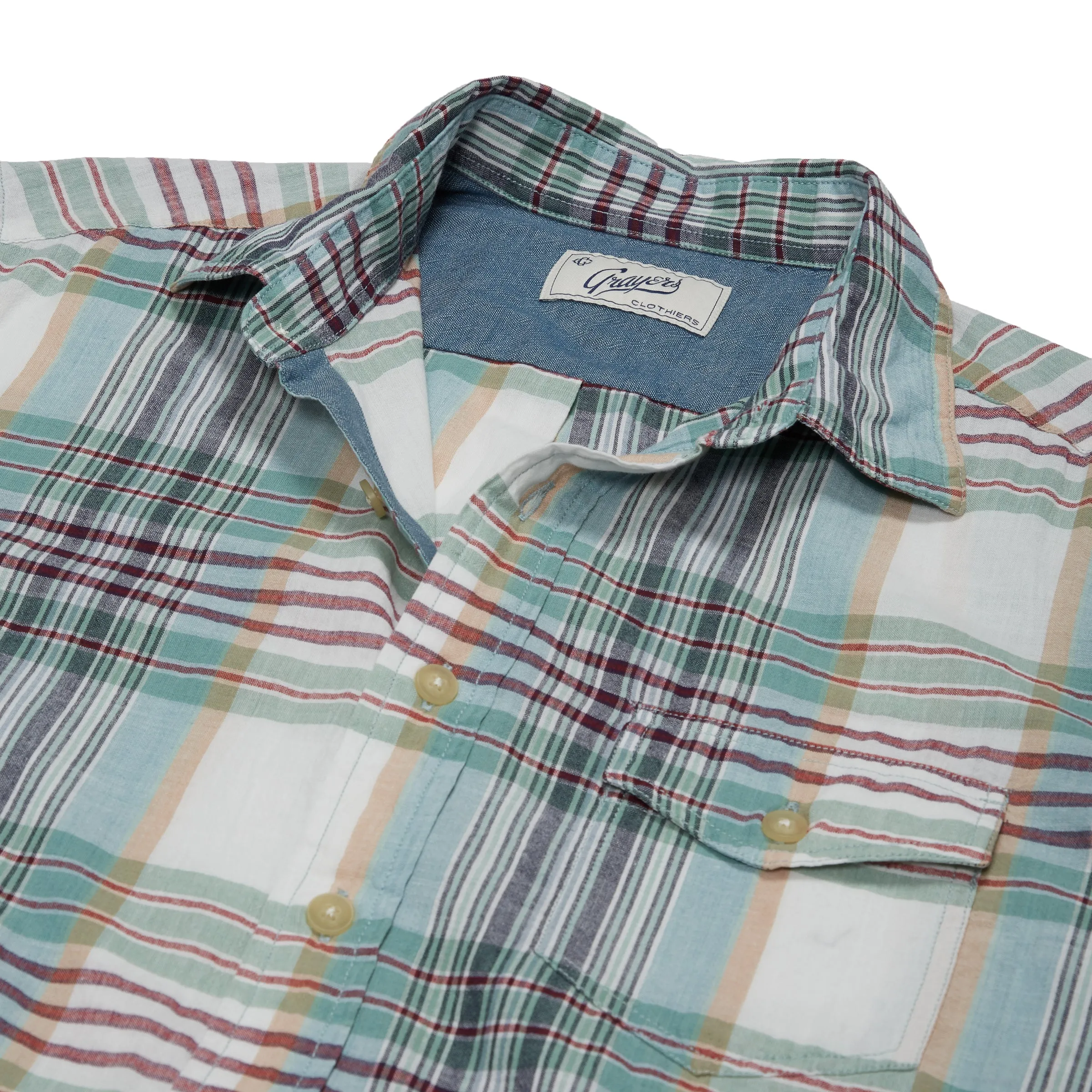 Livingstone's Classic Madras Plaid Short Sleeve Shirt - Lunar Rock Blue Tan