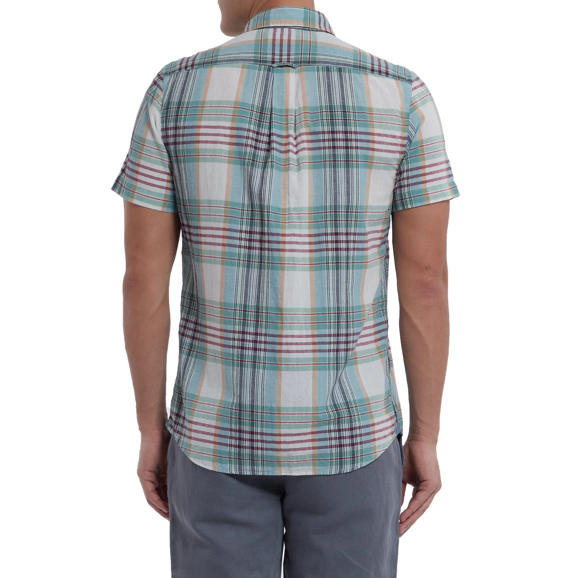 Livingstone's Classic Madras Plaid Short Sleeve Shirt - Lunar Rock Blue Tan