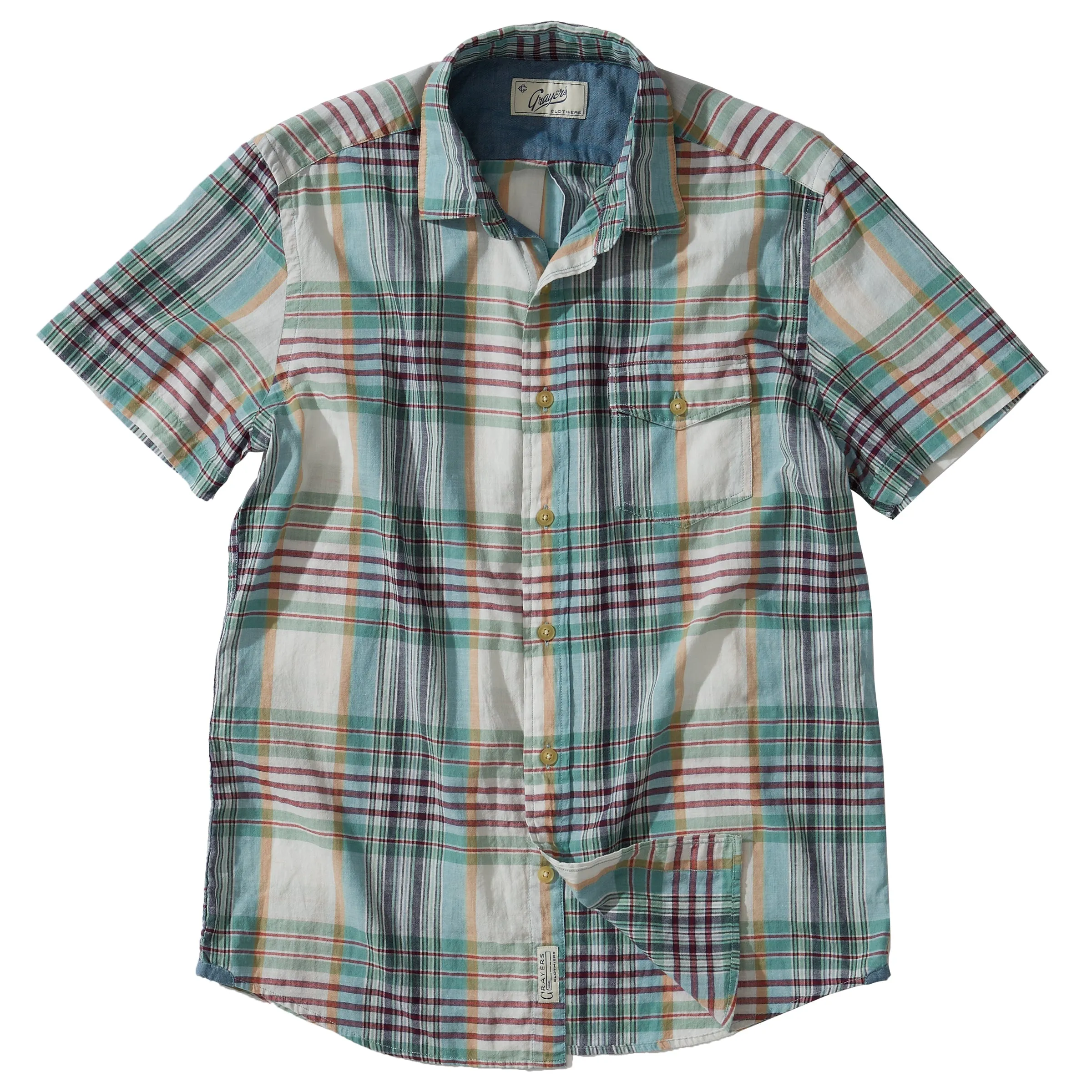 Livingstone's Classic Madras Plaid Short Sleeve Shirt - Lunar Rock Blue Tan