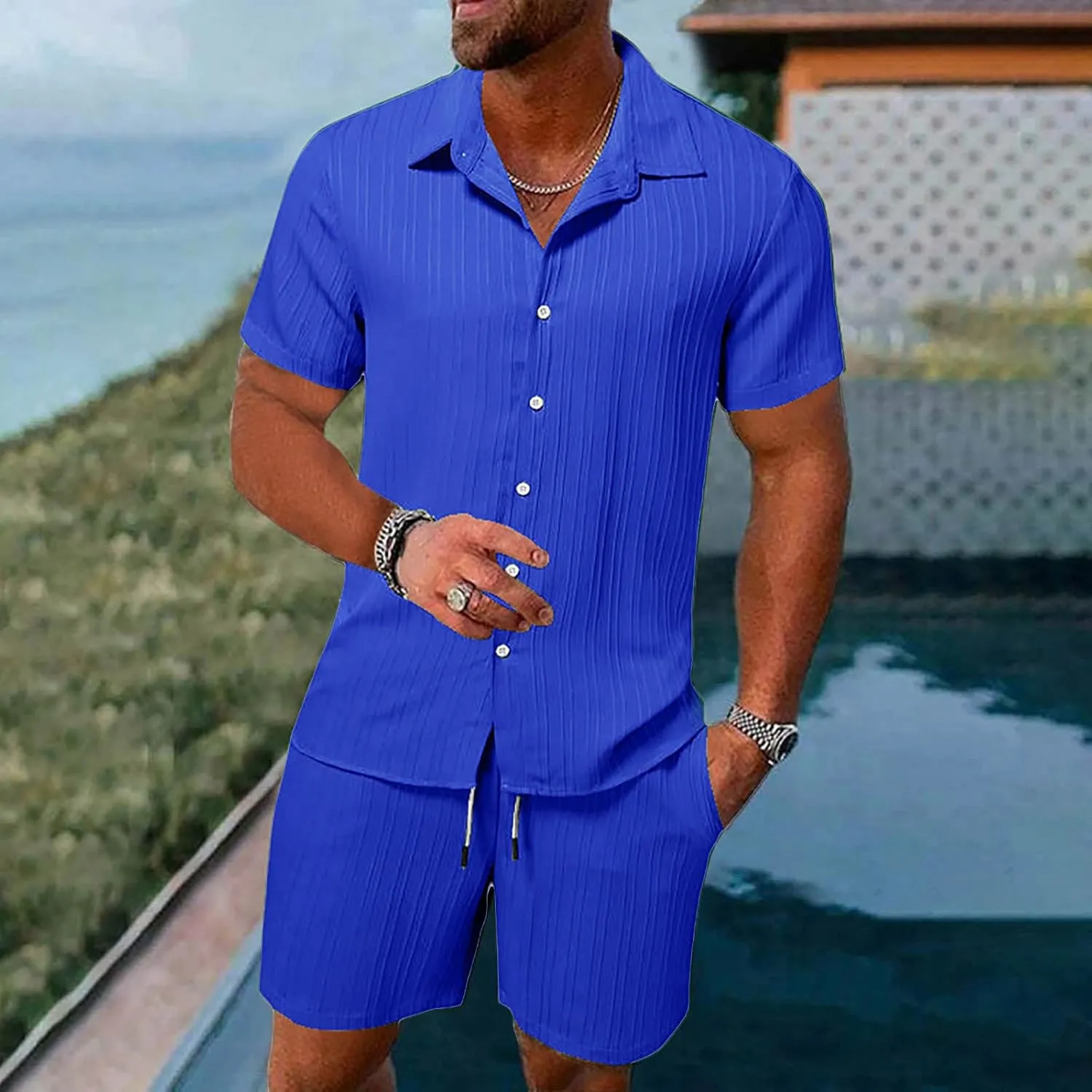 Mens 2 Piece Short Set, Hippie Short Sleeve Button Down Shirt Drawstring Waist Shorts 2 Piece Beach Outfits for Men