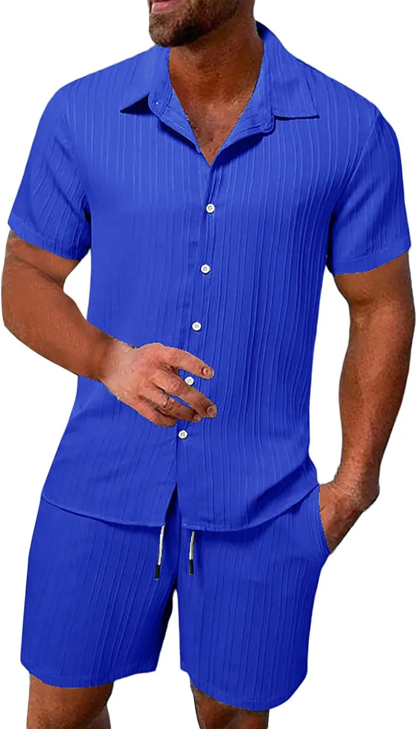 Mens 2 Piece Short Set, Hippie Short Sleeve Button Down Shirt Drawstring Waist Shorts 2 Piece Beach Outfits for Men