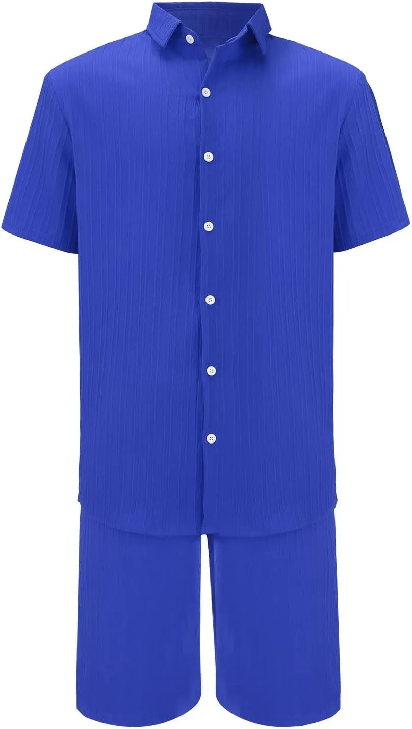 Mens 2 Piece Short Set, Hippie Short Sleeve Button Down Shirt Drawstring Waist Shorts 2 Piece Beach Outfits for Men