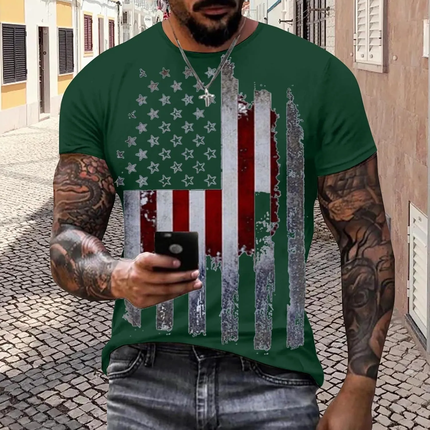 Men's 2024 Flag Shirt USA Flag Graphic 4th of July T-Shirt Crewneck Casual American Patriotic Golf Shirts for Men