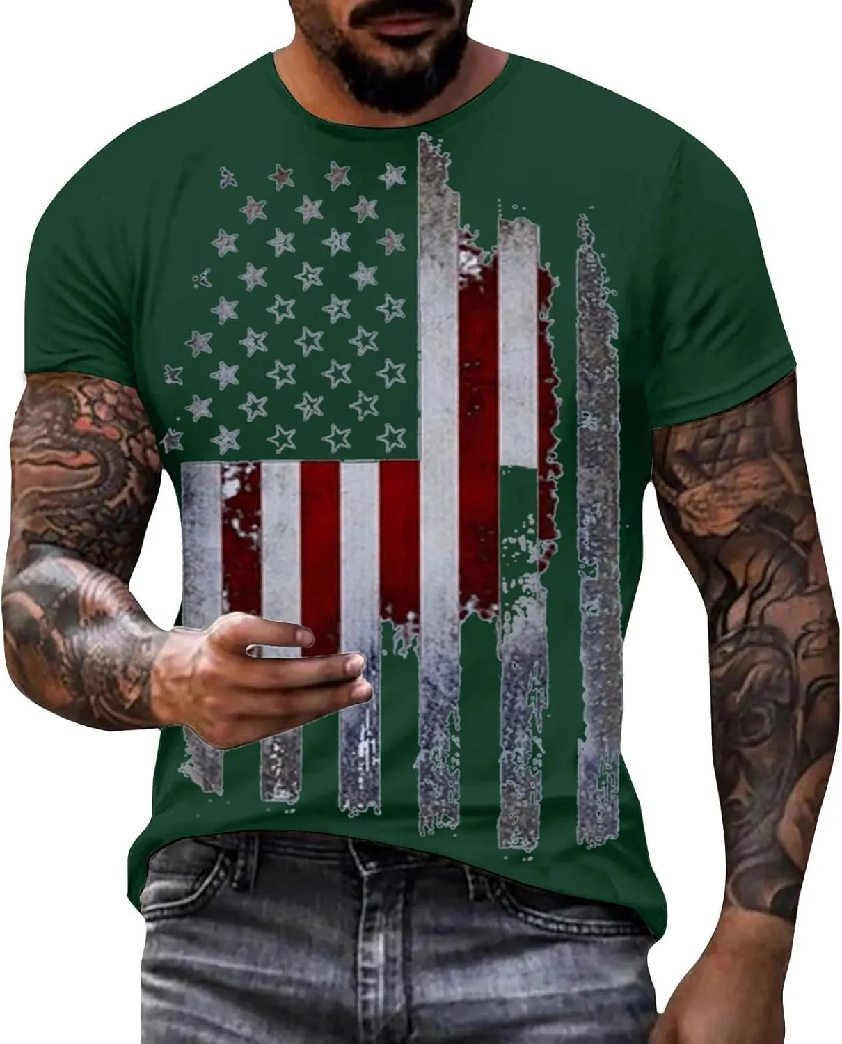 Men's 2024 Flag Shirt USA Flag Graphic 4th of July T-Shirt Crewneck Casual American Patriotic Golf Shirts for Men
