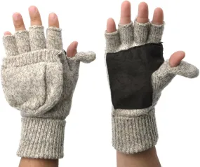 Mens Fingerless Suede Palm Ragg Wool Mitten Gloves w/Finger & Thumb Pullover