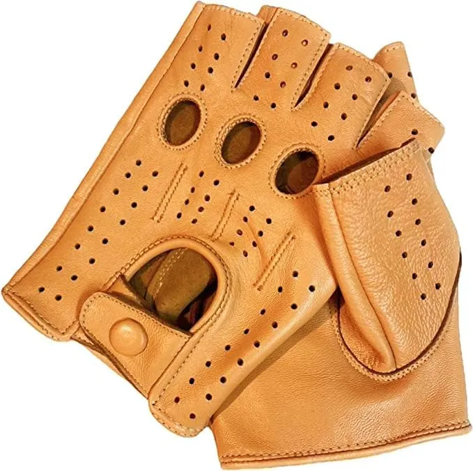 Men's Genuine Sheep Leather Half Finger Driving Cycling Motorbike Exercise and Fitness Fingerless Unlined Gloves