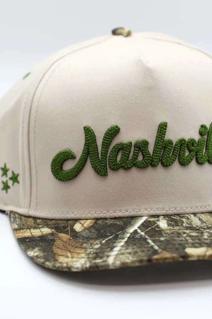Nashville Chain Stitch Snapback in Camo and Olive