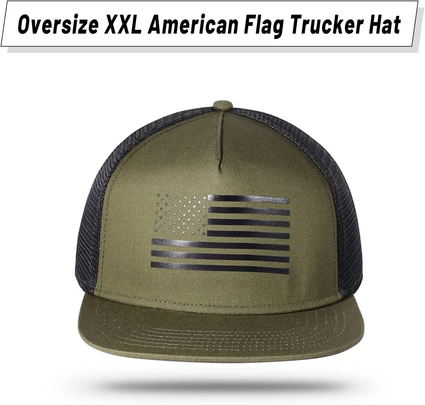 Oversize XXL American Flag Trucker Hat for Men Women,Flat Brim Adjustable Mesh Snapback Baseball Cap for Casual Wear