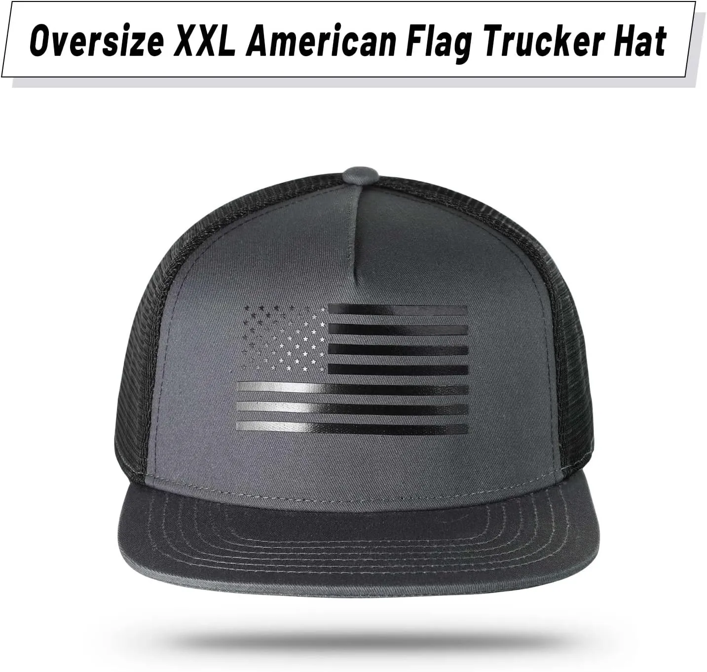 Oversize XXL American Flag Trucker Hat for Men Women,Flat Brim Adjustable Mesh Snapback Baseball Cap for Casual Wear