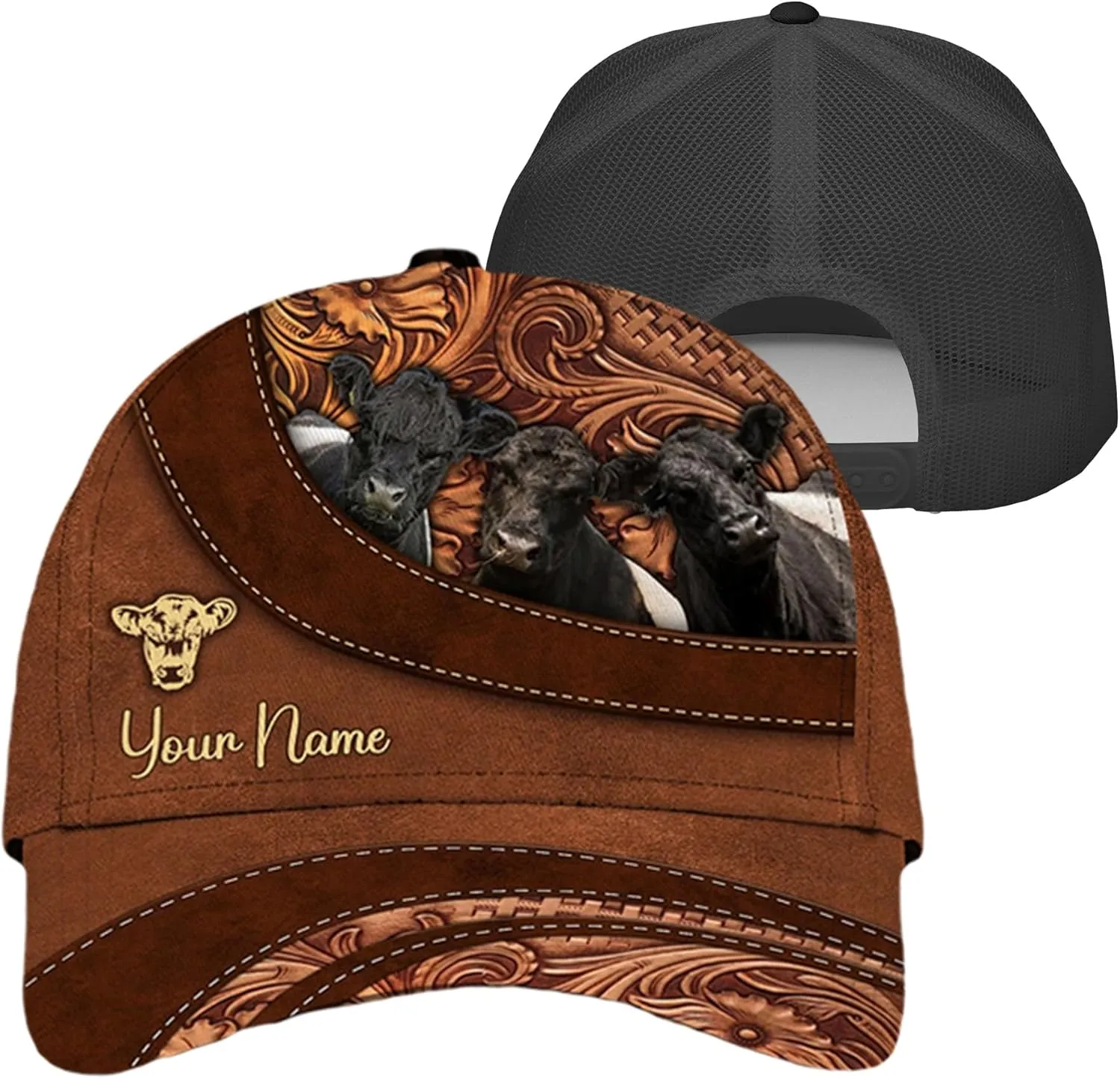 Personalised 3D Animal Cow and Leather Pattern Truckers Hats with Mesh Back Breathable Netback Caps Headwear for Farmer