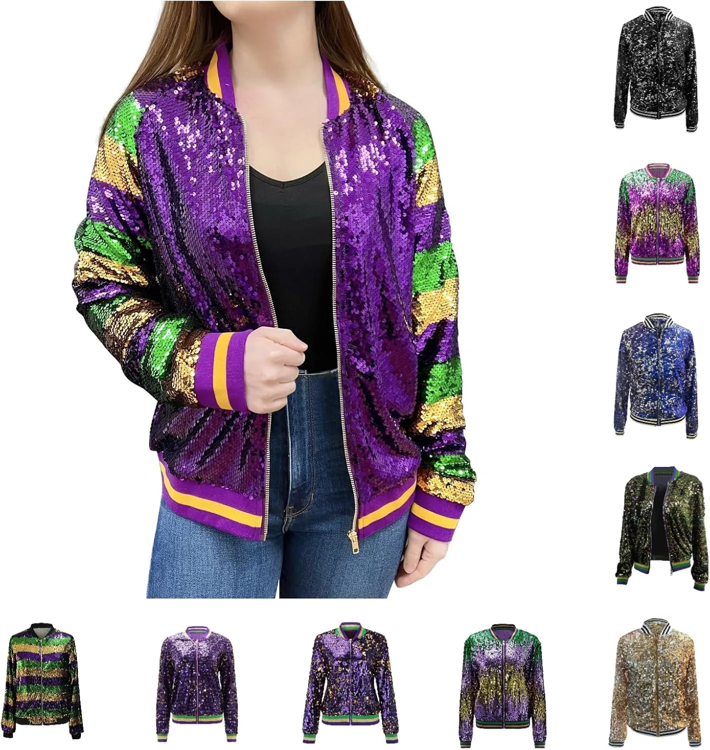 Sequin Bomber Jacket for Women Casual Long Sleeve Zip Up Cardigan Top Shiny Sparkle Mardi Gras Party Festival Outfits