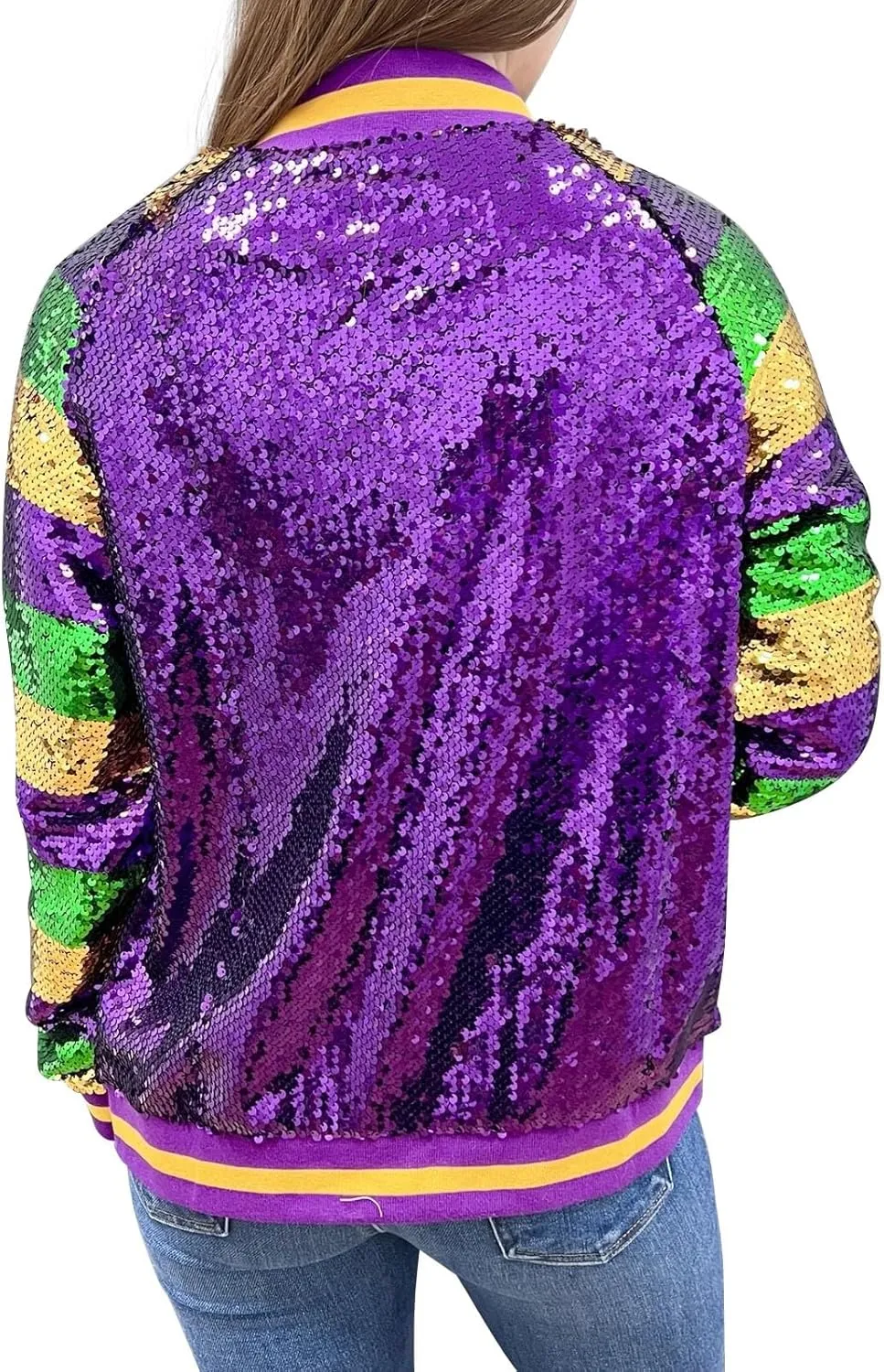 Sequin Bomber Jacket for Women Casual Long Sleeve Zip Up Cardigan Top Shiny Sparkle Mardi Gras Party Festival Outfits