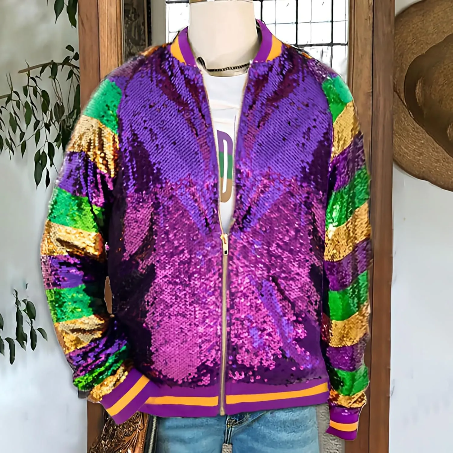 Sequin Bomber Jacket for Women Casual Long Sleeve Zip Up Cardigan Top Shiny Sparkle Mardi Gras Party Festival Outfits