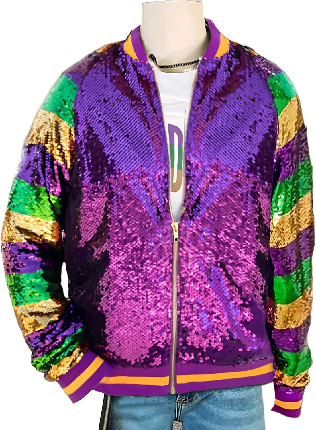 Sequin Bomber Jacket for Women Casual Long Sleeve Zip Up Cardigan Top Shiny Sparkle Mardi Gras Party Festival Outfits
