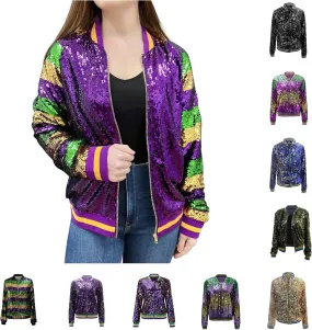 Sequin Bomber Jacket for Women Casual Long Sleeve Zip Up Cardigan Top Shiny Sparkle Mardi Gras Party Festival Outfits