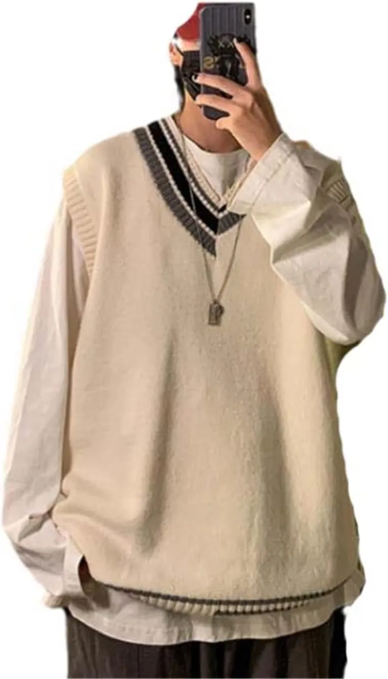 Sweater Vest Men V-Neck Japanese Students High Street Baggy Unisex Male Teens Clothing All-Match Casual Simply