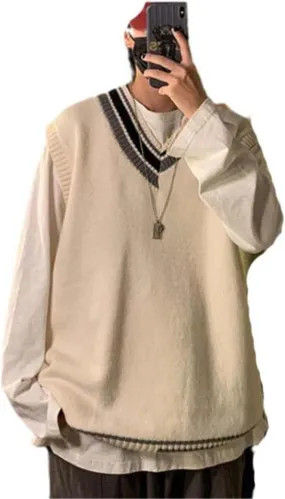 Sweater Vest Men V-Neck Japanese Students High Street Baggy Unisex Male Teens Clothing All-Match Casual Simply