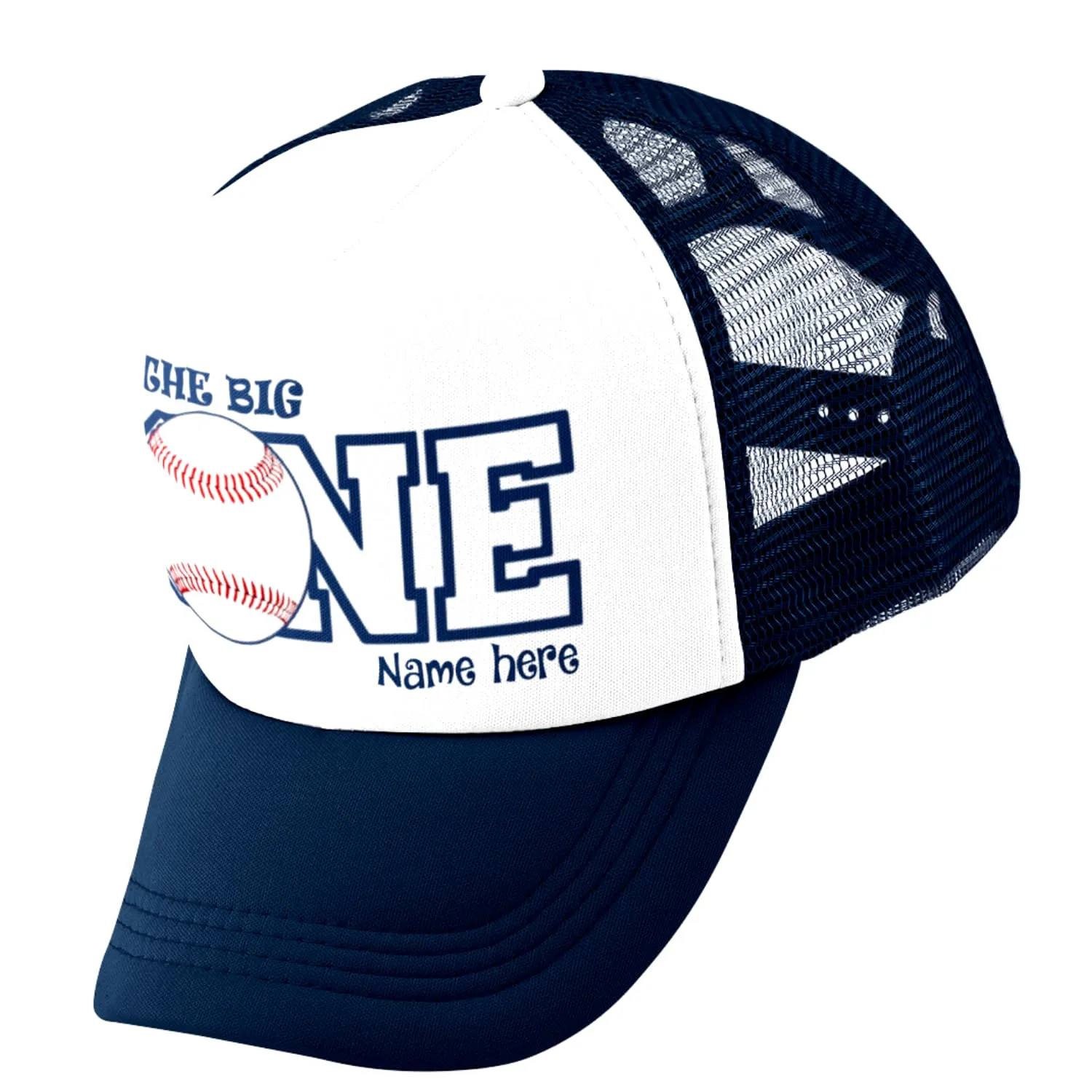 THE BIG ONE or ONE design baseball trucker hats, adjustable snapback toddler size - first year birthday, sports theme wear fan and more, option to personalize, makes a fun gift