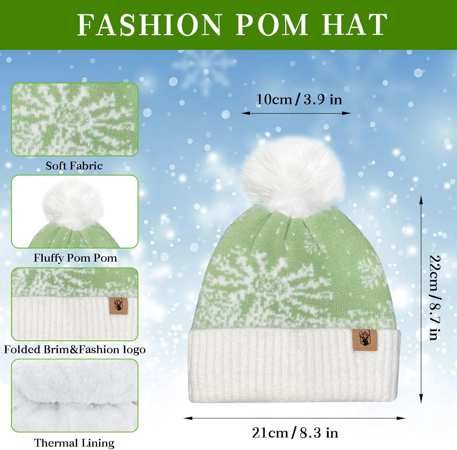 Winter Womens Hat Scarf Gloves Set, 3 in 1 Warm Beanie with Pom Pom, Thickened Knit Hat Glove Scarf Set Gift for Women