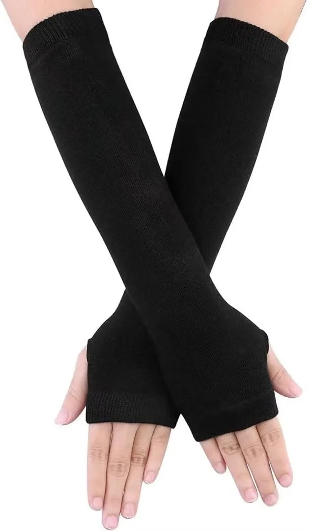 Women Long Fingerless Gloves Knitted Arm Warmers Thumbhole Stretchy Gloves