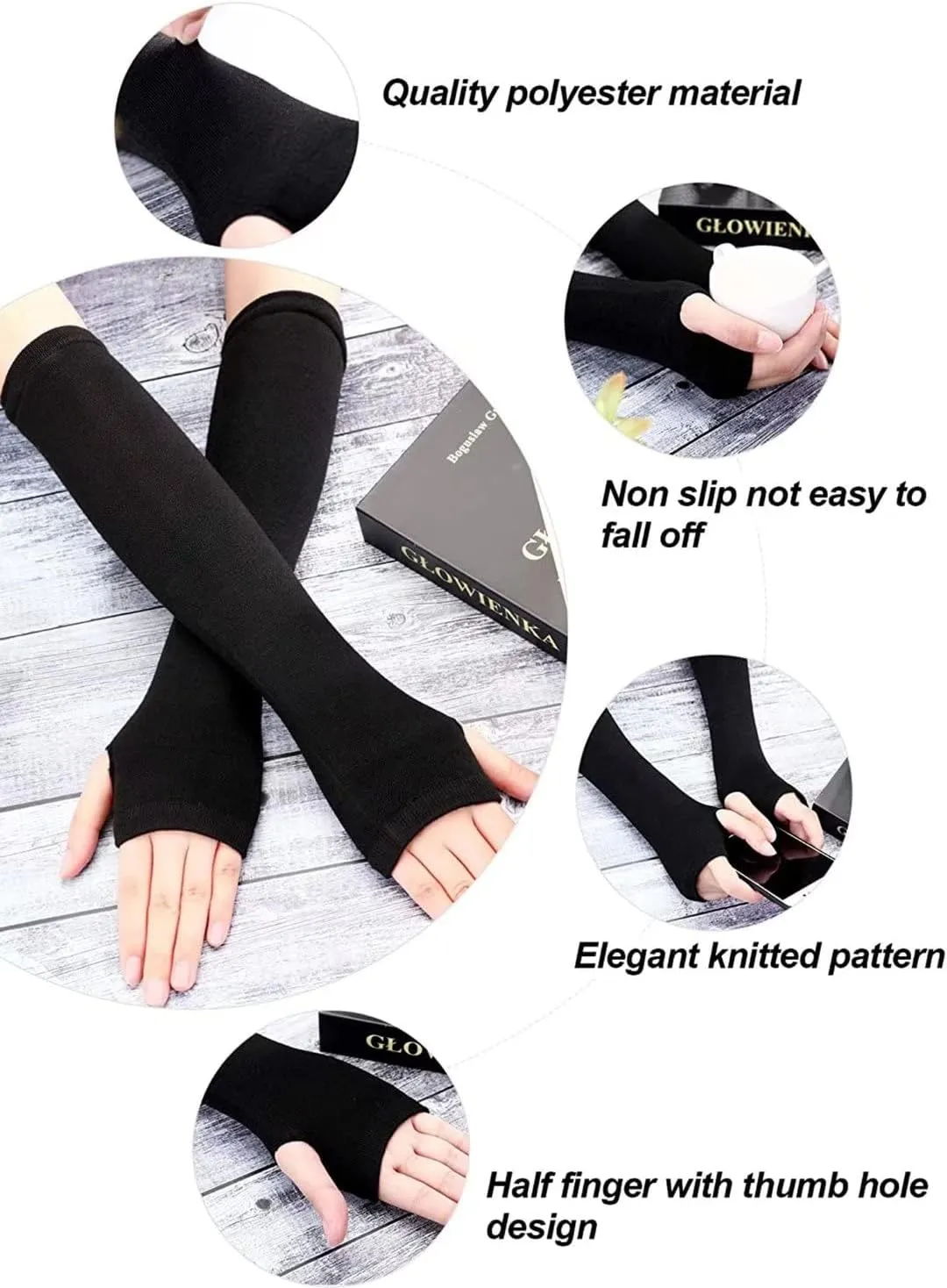 Women Long Fingerless Gloves Knitted Arm Warmers Thumbhole Stretchy Gloves