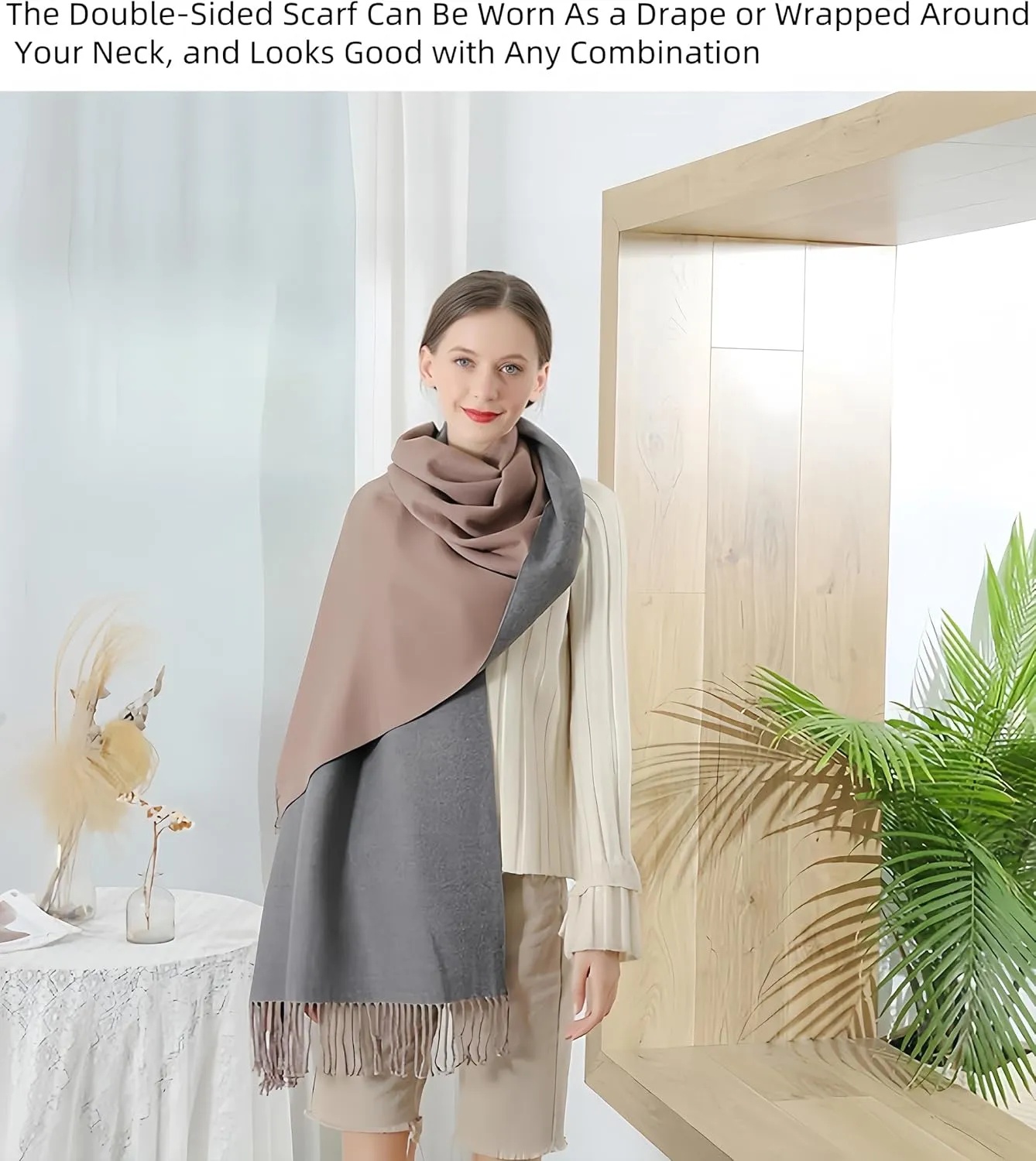 Women Winter Warm Scarf Cashmere Scarf Elegant Contrast Color Tasseled Shawl Long Stoles Oversized Soft Scarves Gifts