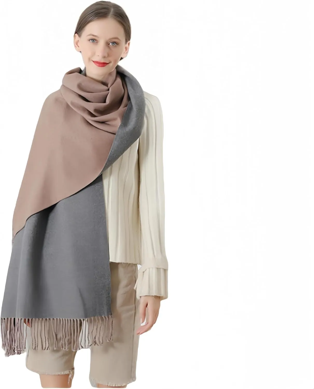 Women Winter Warm Scarf Cashmere Scarf Elegant Contrast Color Tasseled Shawl Long Stoles Oversized Soft Scarves Gifts