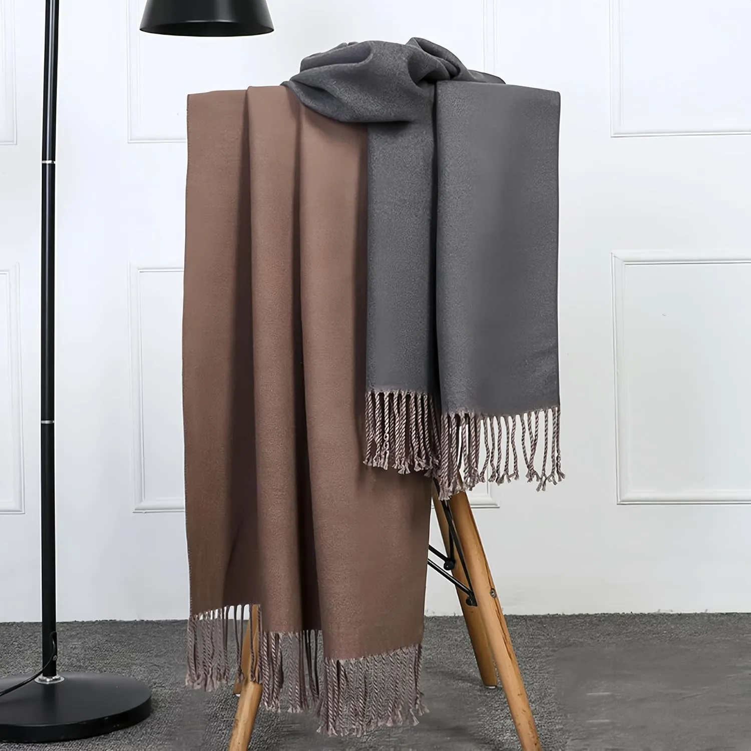 Women Winter Warm Scarf Cashmere Scarf Elegant Contrast Color Tasseled Shawl Long Stoles Oversized Soft Scarves Gifts